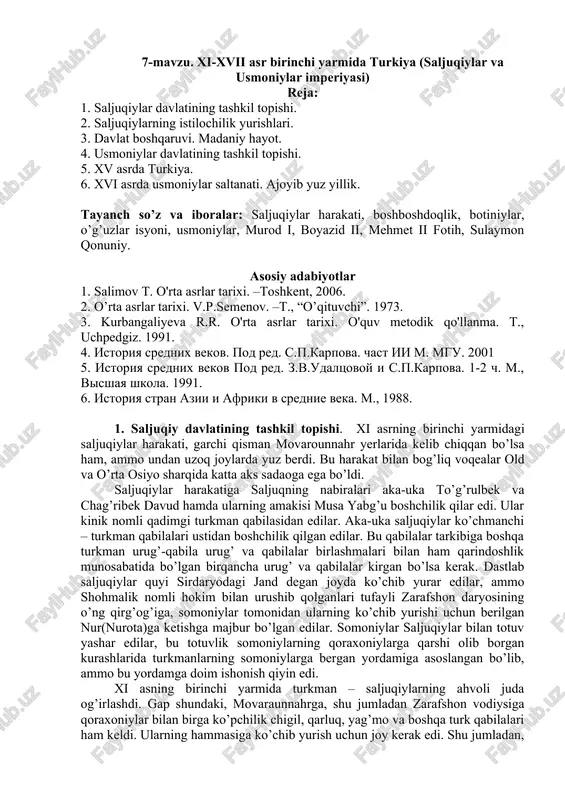 saljuqiylar va usmoniylar imperiyasi tarixi — DOCX