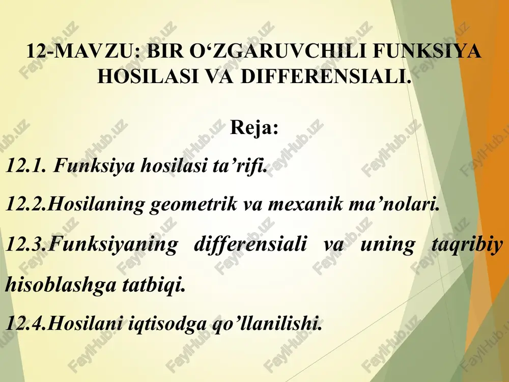 bir o‘zgaruvchili funksiya hosilasi va differensiali — PPT