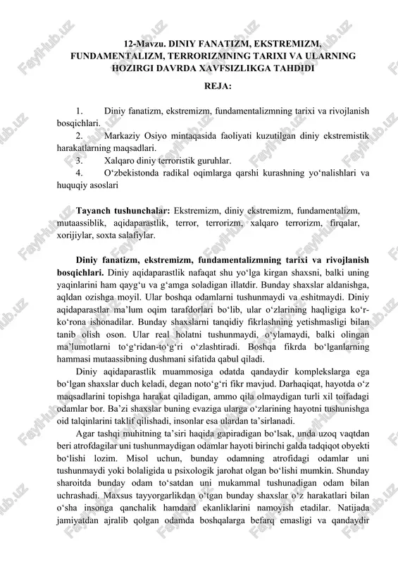 diniy fanatizm, ekstremizm, fundamentalizm — DOCX