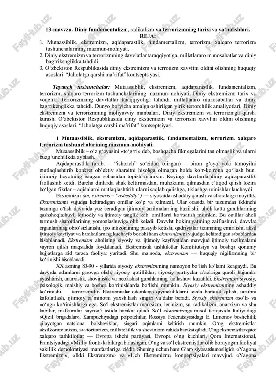 diniy fundamentalizm, radikalizm va terrorizmning tarixi va yo‘nalishlari — DOCX