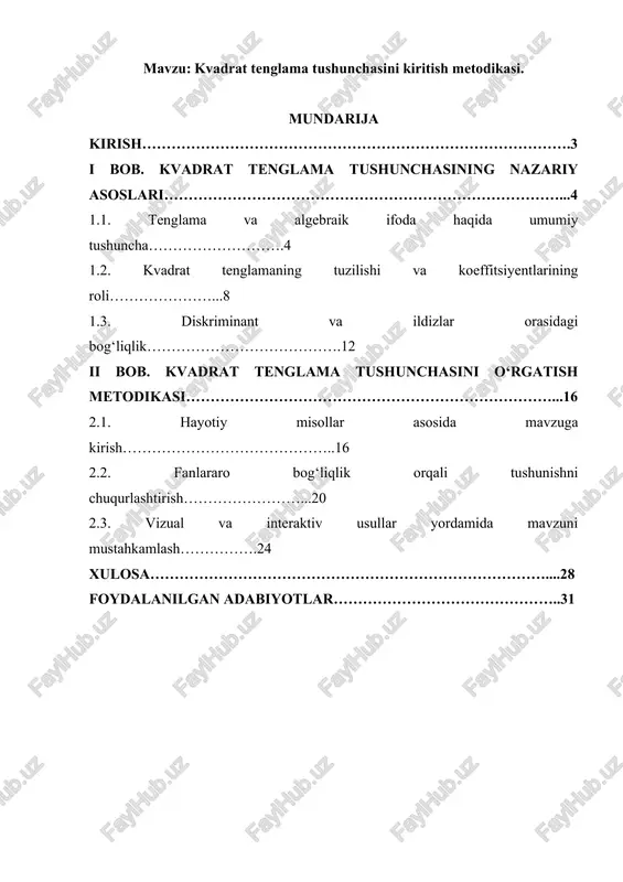 kvadrat tenglama tushunchasini kiritish metodikasi — DOCX