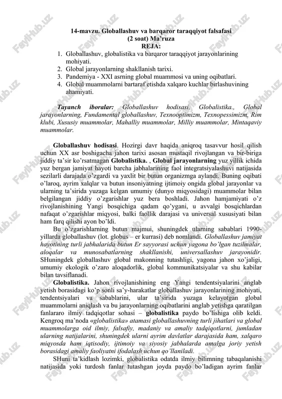 globallashuv va barqaror taraqqiyot falsafasi — DOCX