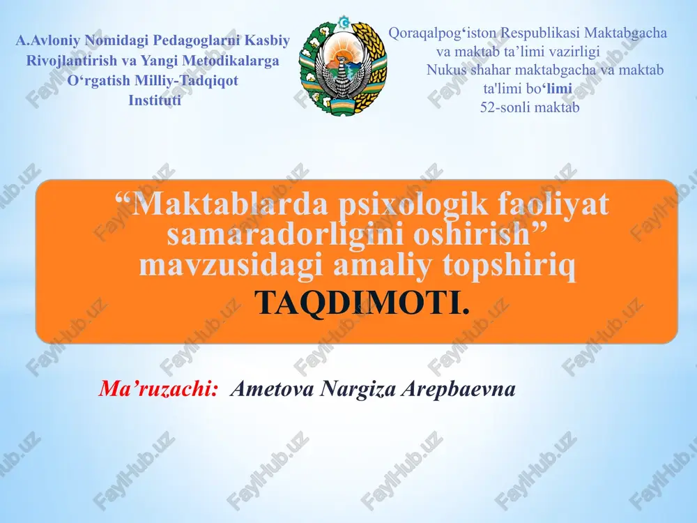 maktablarda psixologik faoliyat samaradorligi — PPTX