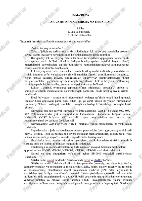 lak va buyoqlar, shisha materiallar — DOCX