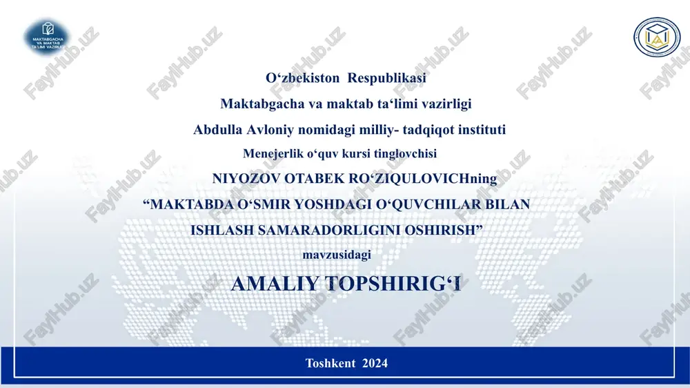 “maktabda o‘smir yoshdagi o‘quvchilar bilan ishlash samaradorligini oshirish” — PPTX