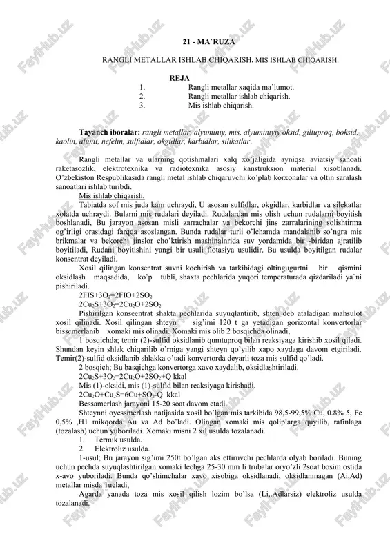 rangli metallar ishlab chiqarish — DOCX