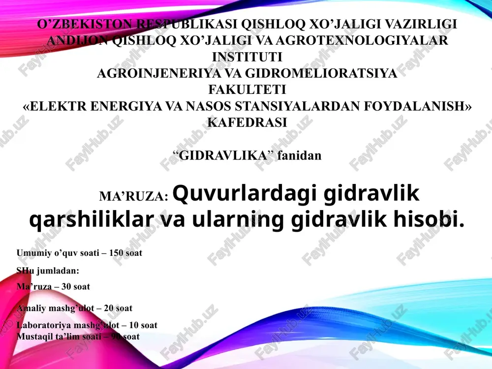 quvurlardagi gidravlik qarshiliklar va ularning gidravlik hisobi — PPTX