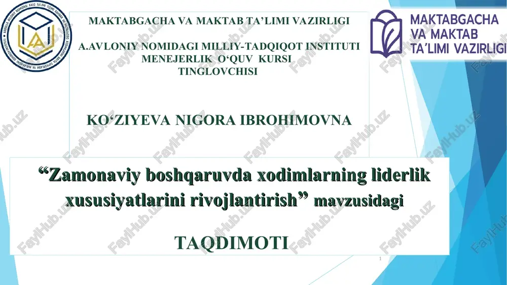 "a.avloniy nomidagi milliy-tadqiqot institutimenejerlik o‘quv kursi" — PPT