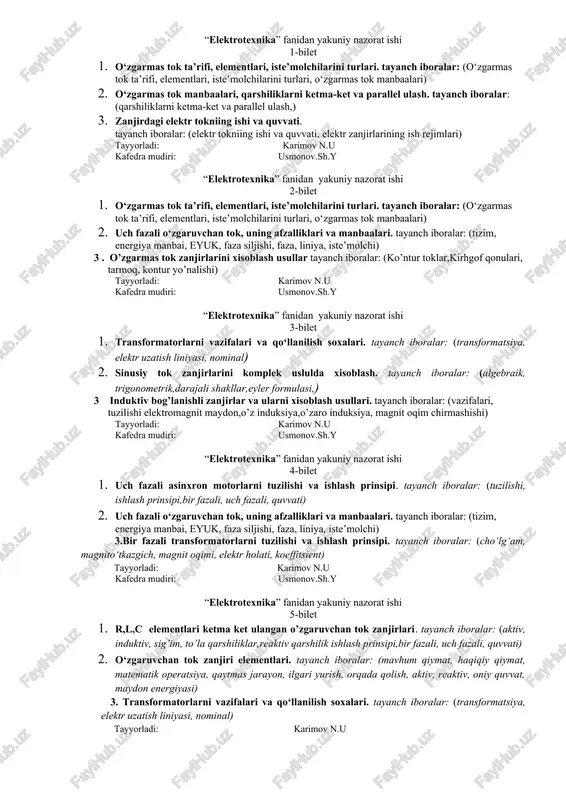 "elektrotexnika" fanidan yakuniy nazorat ishi — DOCX