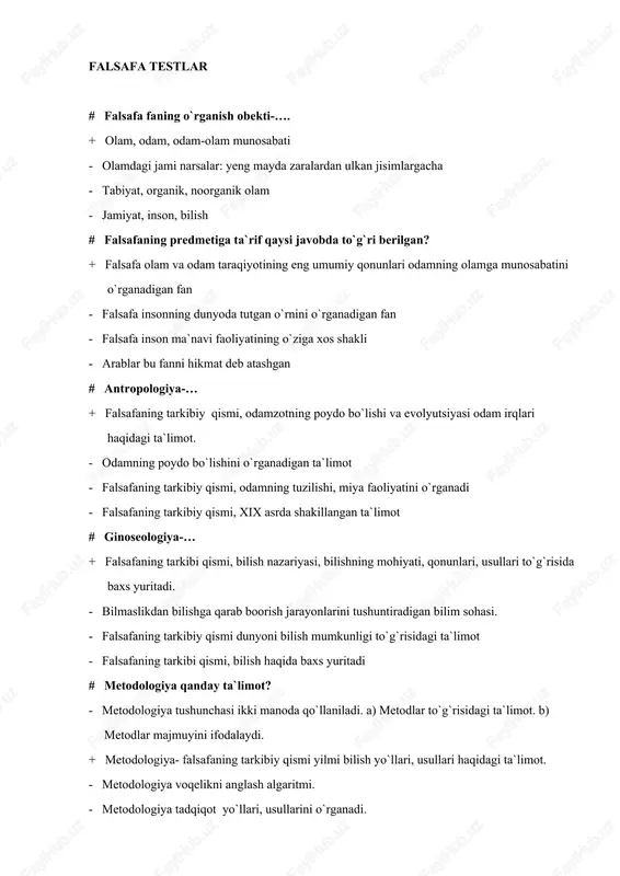 falsafa testlar — DOCX