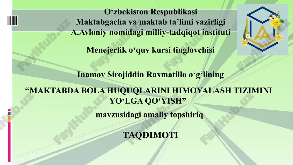 maktabda bola huquqlarini himoyalash tizimini yo‘lga qo‘yish — PPTX
