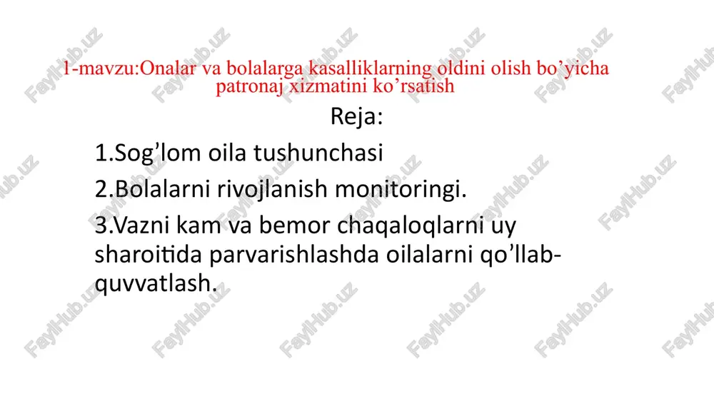 onalar va bolalarga kasalliklarning oldini olish bo'yicha patronaj xizmati — PPTX