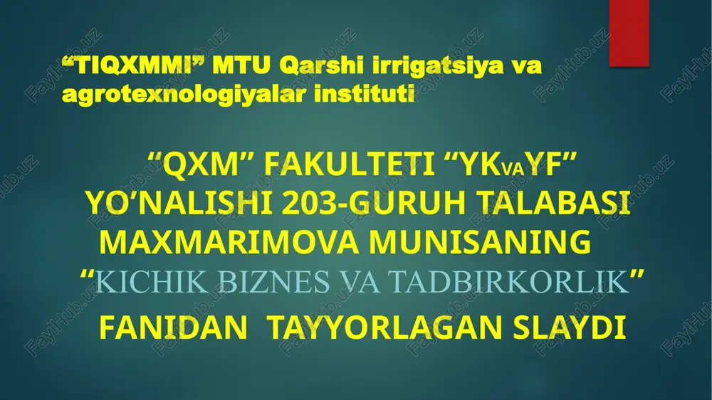 kichikbiznes korxonalarini boshqarishning xususiyatlar — PPTX