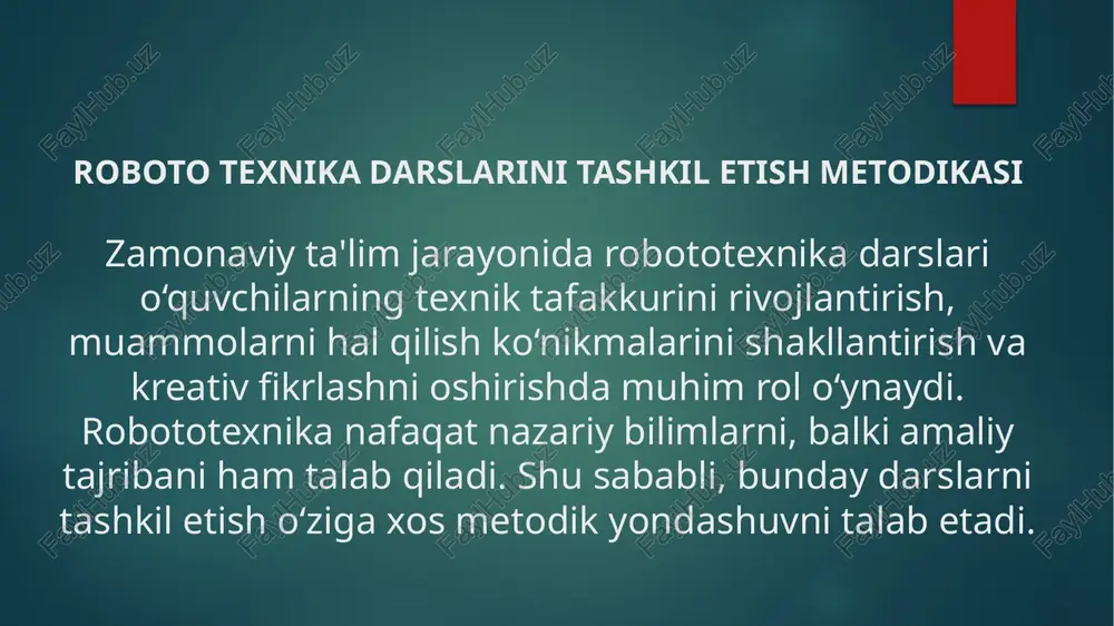 roboto texnika darslarini tashkil etish metodikasi — PPTX