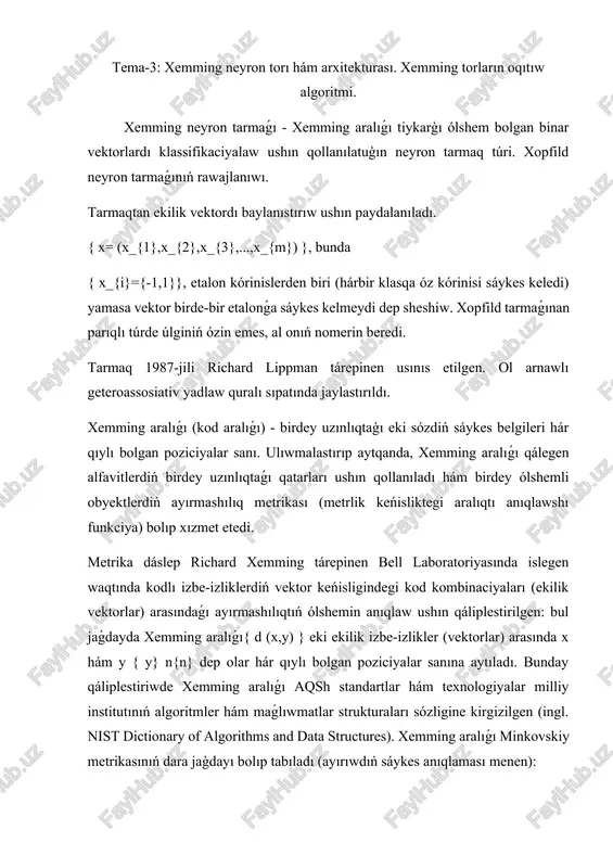xemming neyron torı hám arxitekturasi — DOCX