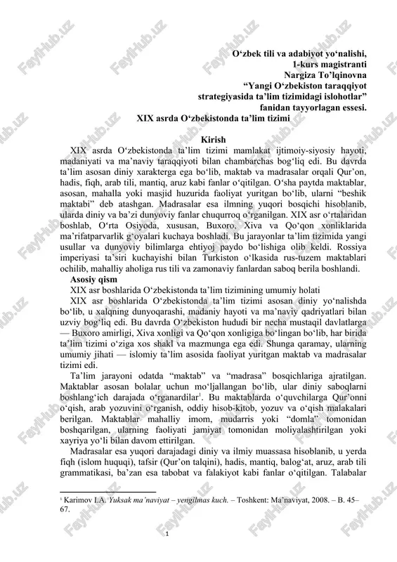 xix asrda o‘zbekistonda ta’lim tizimi — DOCX