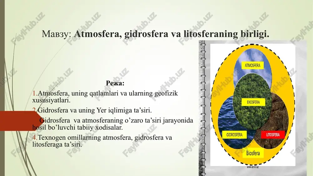 atmosfera, gidrosfera va litosferaning birligi — PPT