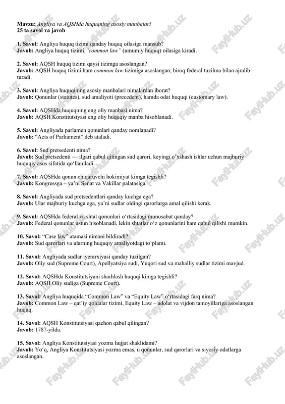 angliya va aqshda huquqning asosiy manbalari — DOCX