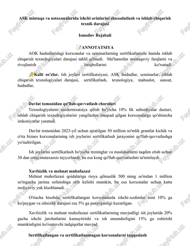ask mintaqa va ustaxonalarida ishchi orinlarini shaxodatlash va ishlab chiqarish texnik darajasi — DOCX
