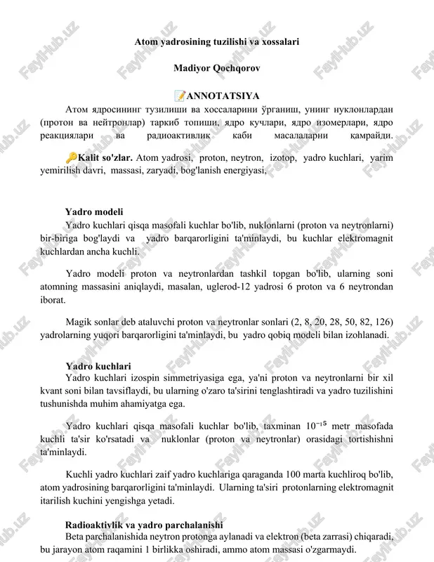 atom yadrosining tuzilishi va xossalari — DOCX