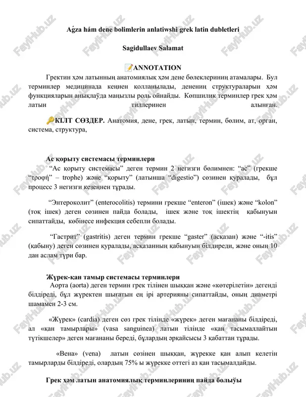 aǵza hám dene bolimlerin anlatiwshi grek latin dubletleri — DOCX