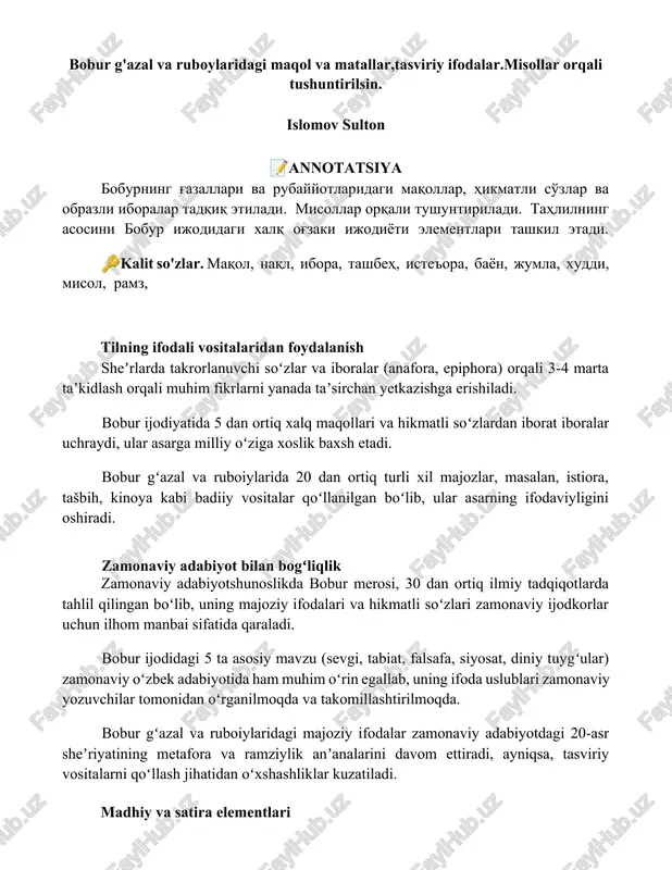 bobur g'azal va ruboylaridagi maqol va matallar — DOCX