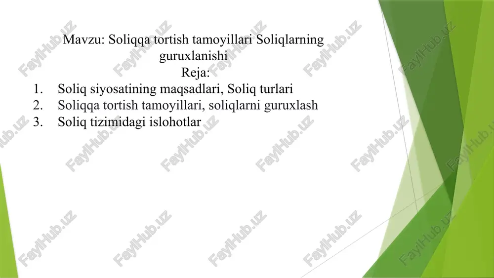 soliqqa tortish tamoyillari soliqlarning guruxlanishi — PPTX