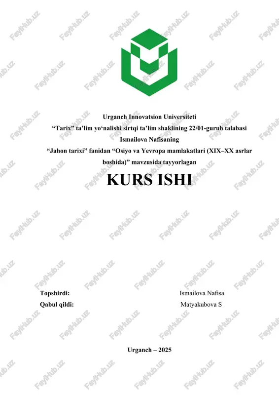 "jahon tarixi, osiyo va yevropa mamlakatlari (xix–xx asrlar boshida)" — DOCX