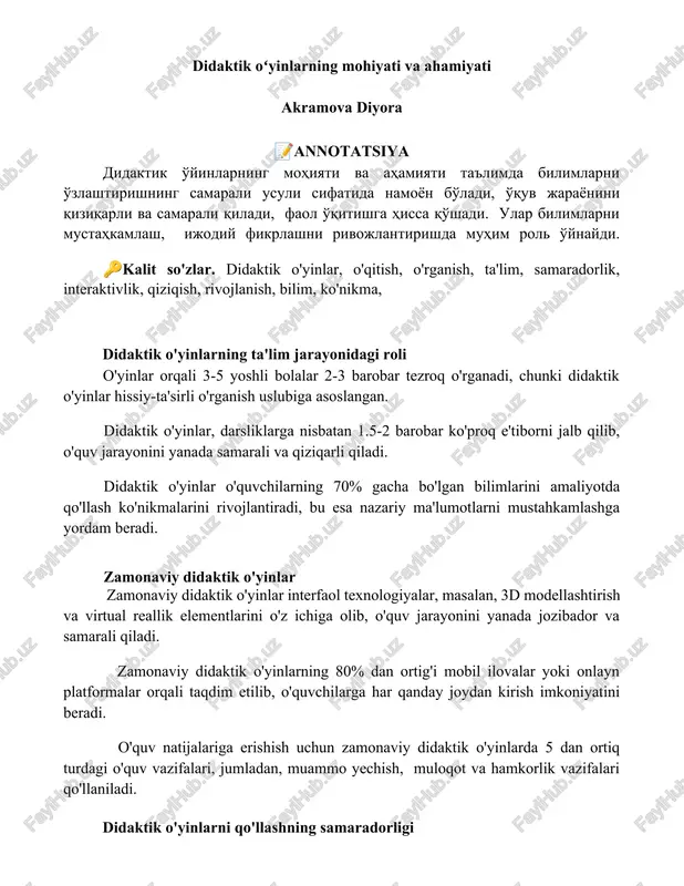 didaktik o'yinlarning mohiyati va ahamiyati — DOCX