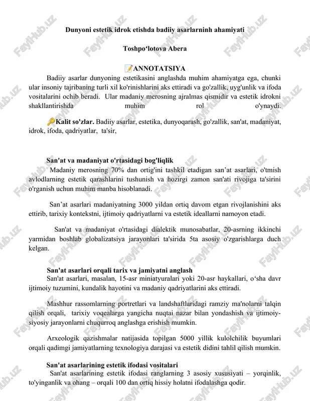 badiiy asarlar dunyoning estetikasini anglashda — DOCX