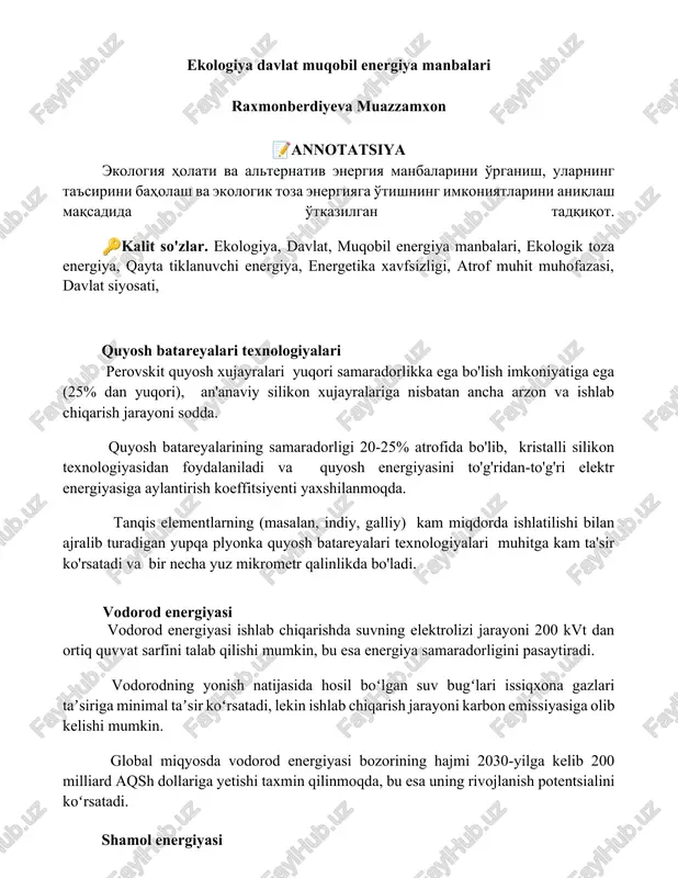 ekologiya davlat muqobil energiya manbalari — DOCX