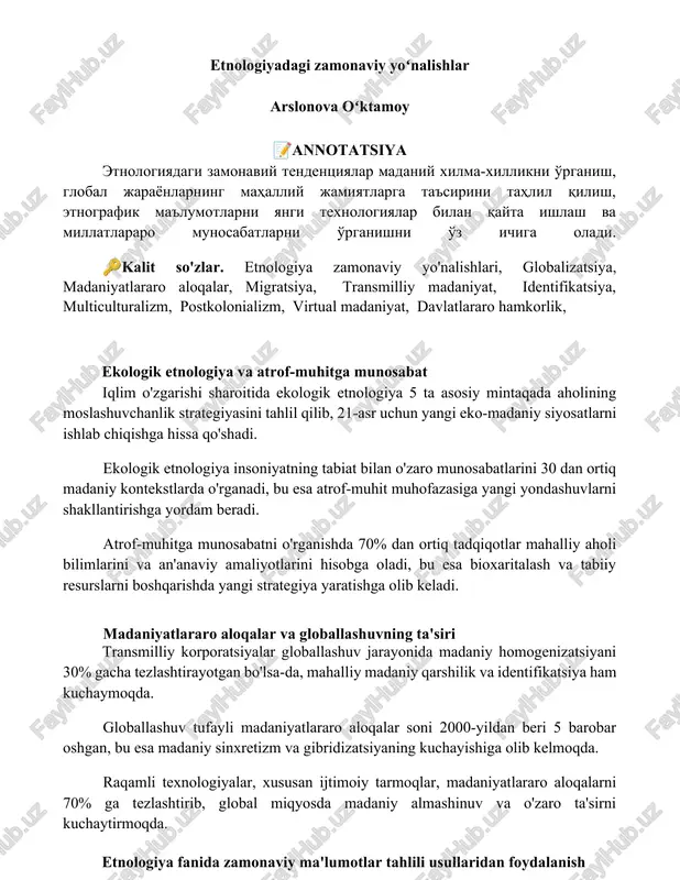 etnologiyadagi zamonaviy yoʻnalishlar — DOCX