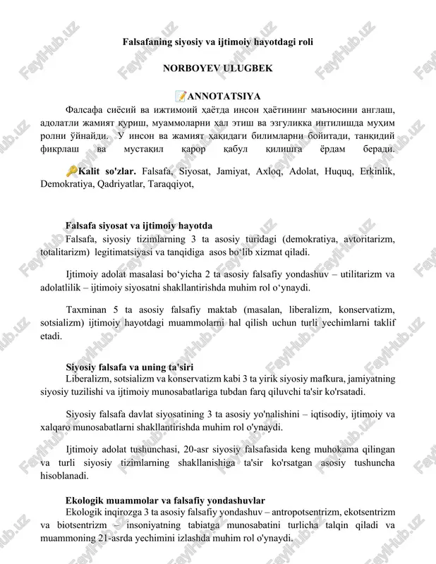 falsafaning siyosiy va ijtimoiy hayotdagi roli — DOCX