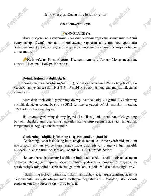 ichki energiya. gazlarning issiqlik sigʻimi — DOCX