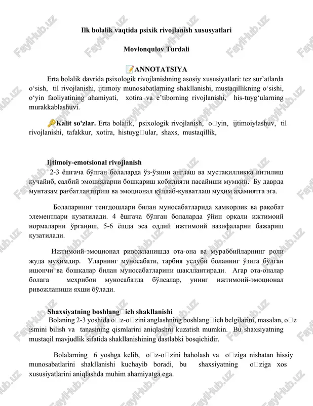 ilk bolalik vaqtida psixik rivojlanish xususyatlari — DOCX