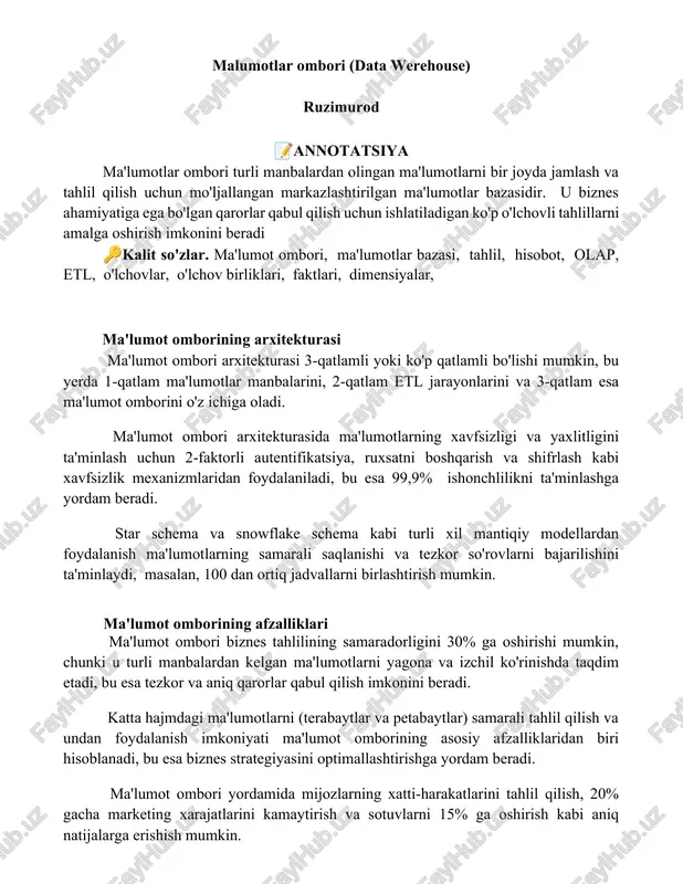 malumotlar ombori (data werehouse) — DOCX