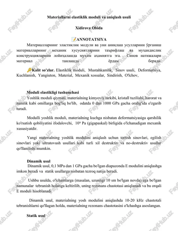 materiallarni elastiklik moduli va aniqlash usuli — DOCX