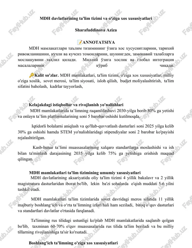 mdh davlatlarining ta'lim tizimi va oʻziga xos xususiyatlari — DOCX