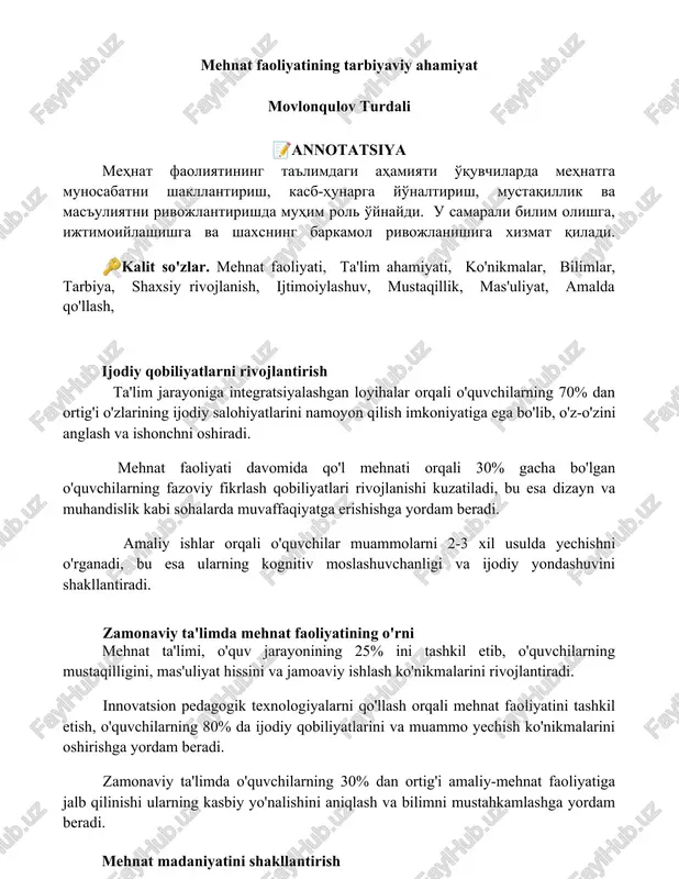 mehnat faoliyatining tarbiyaviy ahamiyat — DOCX