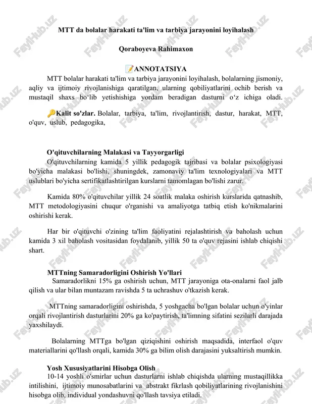 mtt da bolalar harakati ta'lim va tarbiya jarayonini loyihalash — DOCX