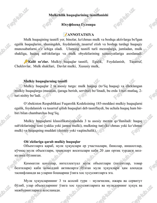 mulkchilik huquqlarining tasniflanishi — DOCX
