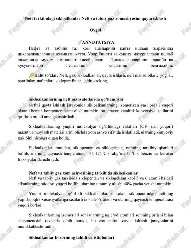 neft tarkibidagi sikloalkanlar — DOCX