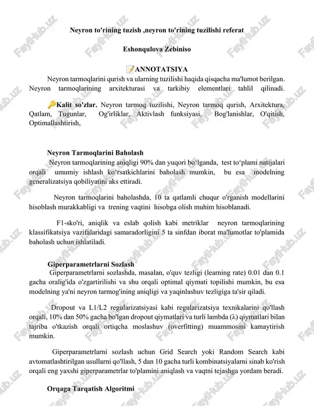 neyron to'rining tuzish,neyron to'rining tuzilishi referat — DOCX