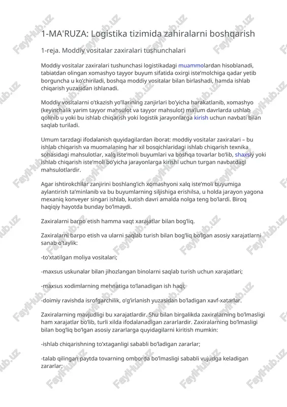 logistika tizimida zahiralarni boshqarish — DOCX