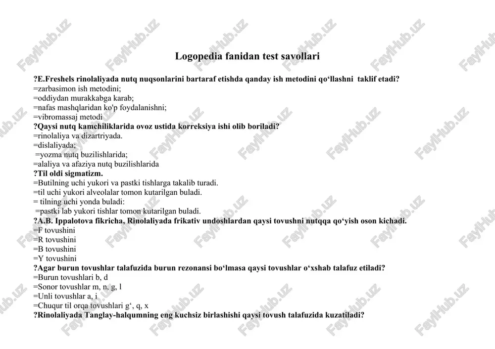 logopedia fanidan test savollari — DOCX