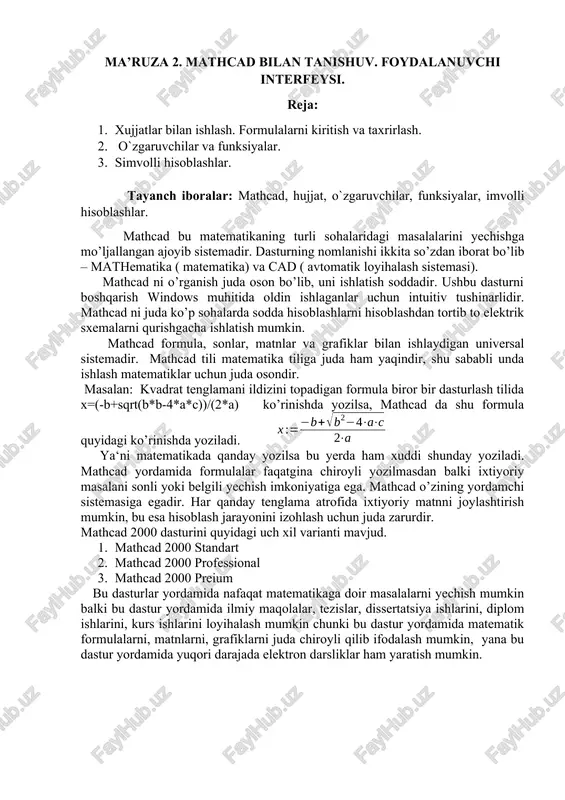 ma’ruza 2. mathcad bilan tanishuv. foydalanuvchi interfeysi — DOCX