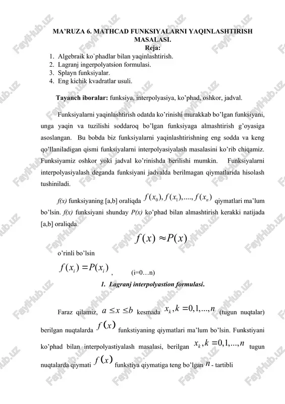 ma’ruza 6. mathcad funksiyalarni yaqinlashtirish masalasi — DOCX