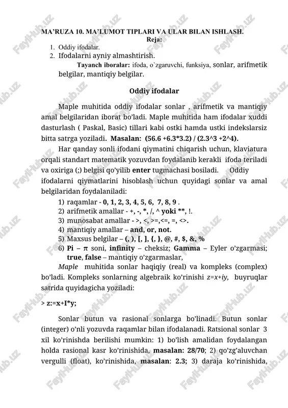 ma’ruza 10. ma’lumot tiplari va ular bilan ishlash — DOCX
