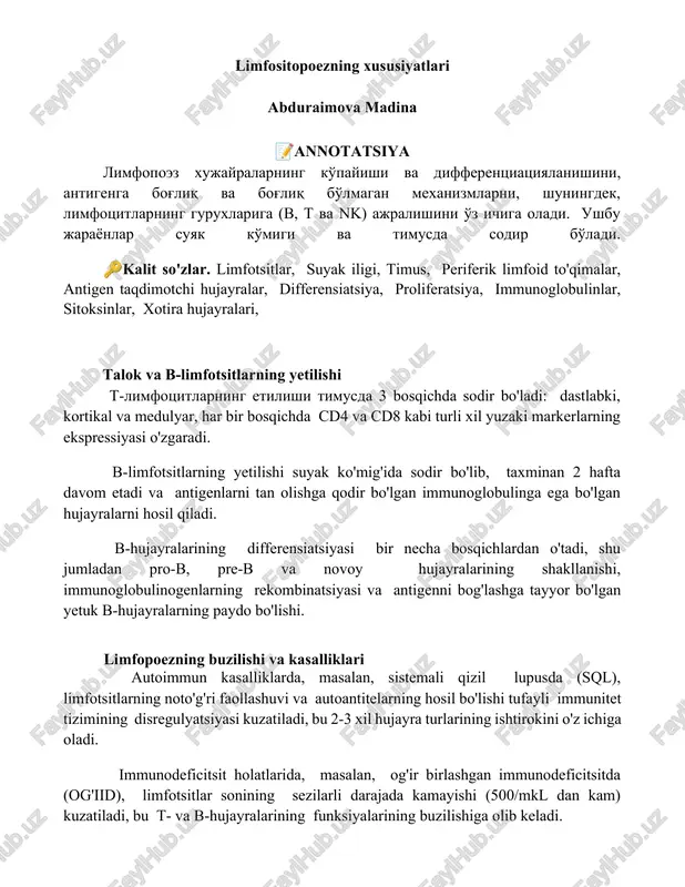 limfositopoezning xususiyatlari — DOCX