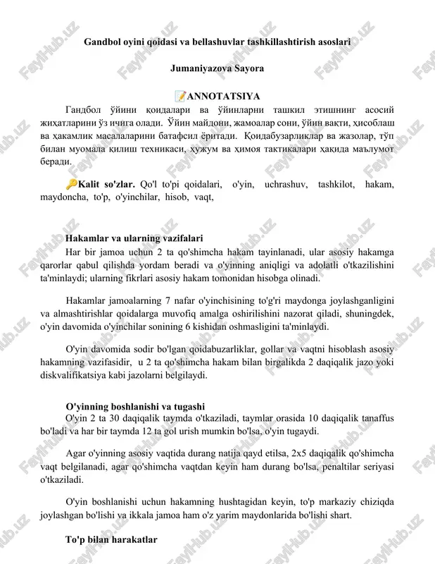 gandbol oyini qoidasi va bellashuvlar tashkillashtirish asoslari — DOCX